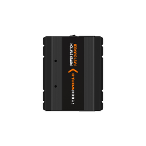 A black rectangular iTechworld Power Station Fast Charger 48V 500W, with orange and white text on a ridged surface and flat ends, is displayed against a plain white background.