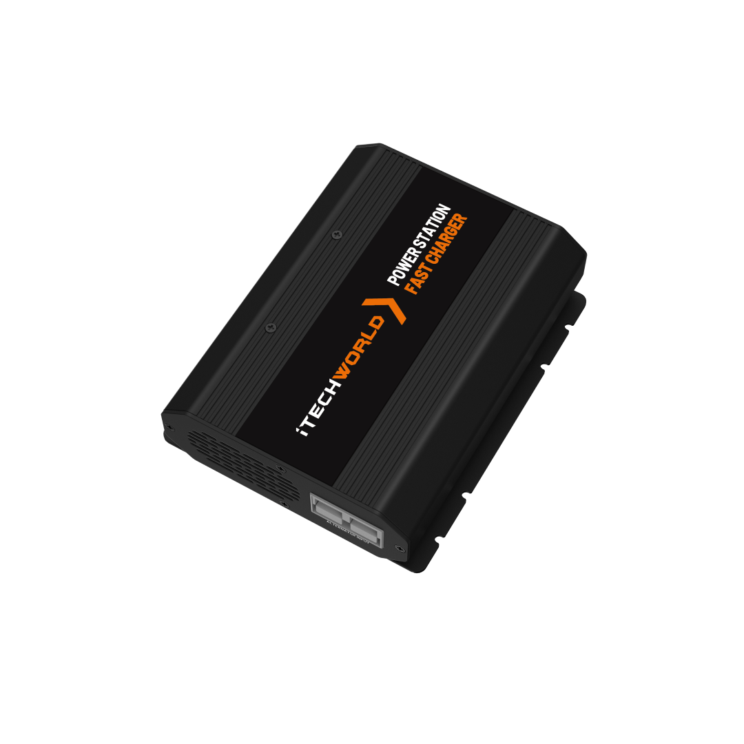 The iTechworld Power Station Fast Charger 48V 500W is a black, rectangular portable charger with orange text, ventilation slots, and side ports, shown isolated on a white background.