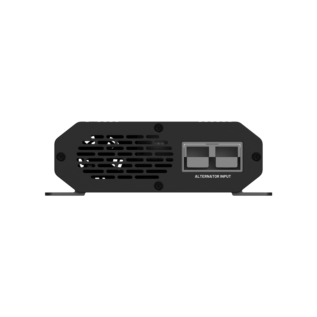 Rear view of the black iTechworld Power Station Fast Charger 48V 500W shows a vented grille and labeled ALTERNATOR INPUT port with two rectangular connectors, made for use with a vehicle alternator charger.