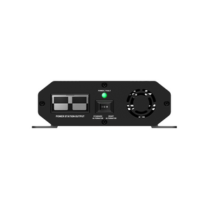 Rear view of the iTechworld Power Station Fast Charger 48V 500W shows output ports, power/fault indicator, power switch, and cooling fan vent on a sleek black panel.