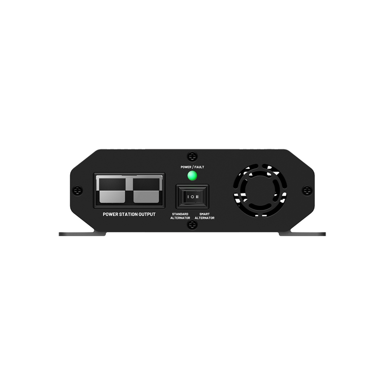 Rear view of the iTechworld Power Station Fast Charger 48V 500W shows output ports, power/fault indicator, power switch, and cooling fan vent on a sleek black panel.