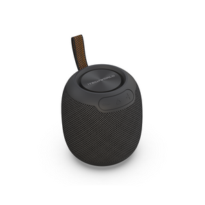 The iTechworld Pulse Mini is a compact, waterproof black Bluetooth speaker with a mesh exterior, top control buttons, and an orange-and-black carrying loop, delivering high-fidelity audio on the go.