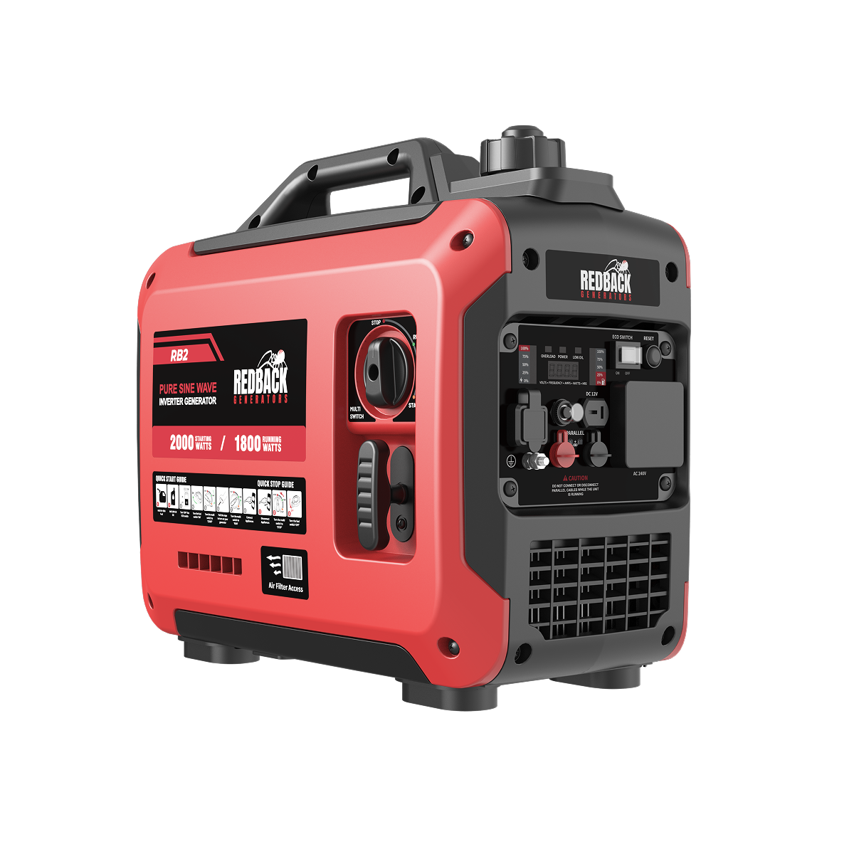 The Redback RB2 Portable Inverter Generator (2000W 2KVA) in red and black features a top handle, control panels, power outlets, and delivers 2000W max/1800W rated output—ideal pure sine wave generator for camping.