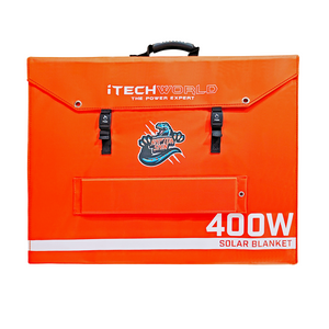The 400W | Solar Blanket | with Raptor Skin features a bright orange case with black handle, two buckles, lizard logo, and white 400W SOLAR BLANKET text—ideal for your portable solar panel setup.
