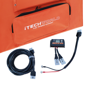 The 400W Solar Blanket with Raptor Skin is shown with an iTechWorld orange carrying case, logo, black cable, HPX PRO Monocrystalline solar charge controller and wiring, plus power adapter cable—all on a white background.