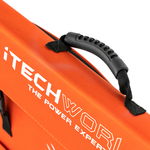 Close-up of an orange carrying case with a black handle and white iTECHWORLD THE POWER EXPERT text, designed for your 400W Solar Blanket with Raptor Skin. Focus is on the handle and branding on the case.