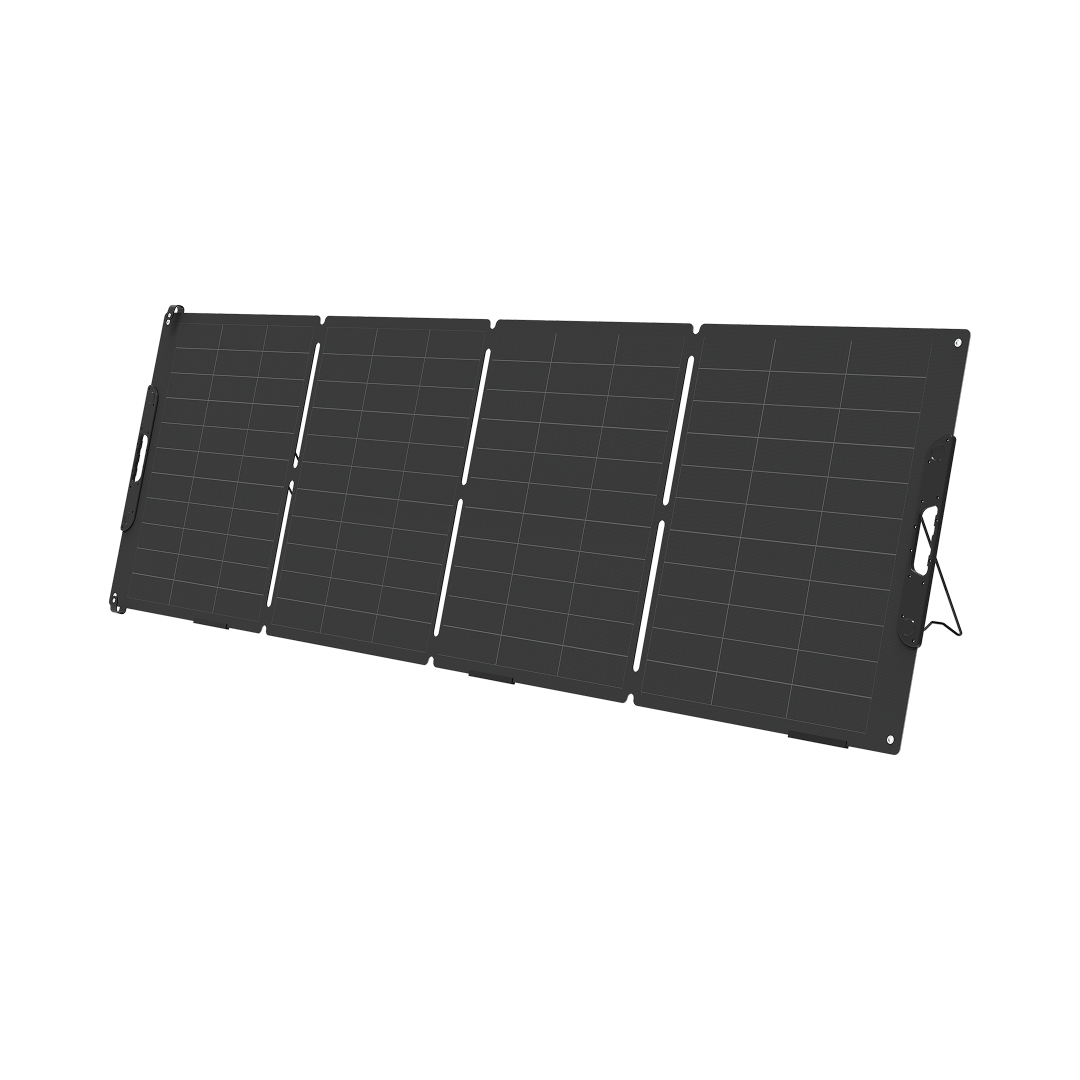 The 400W PRO Solar Blanket with Raptor Skin is a foldable, rectangular black panel with monocrystalline cells and four sections, standing upright on its kickstand—ideal for portable solar energy needs.