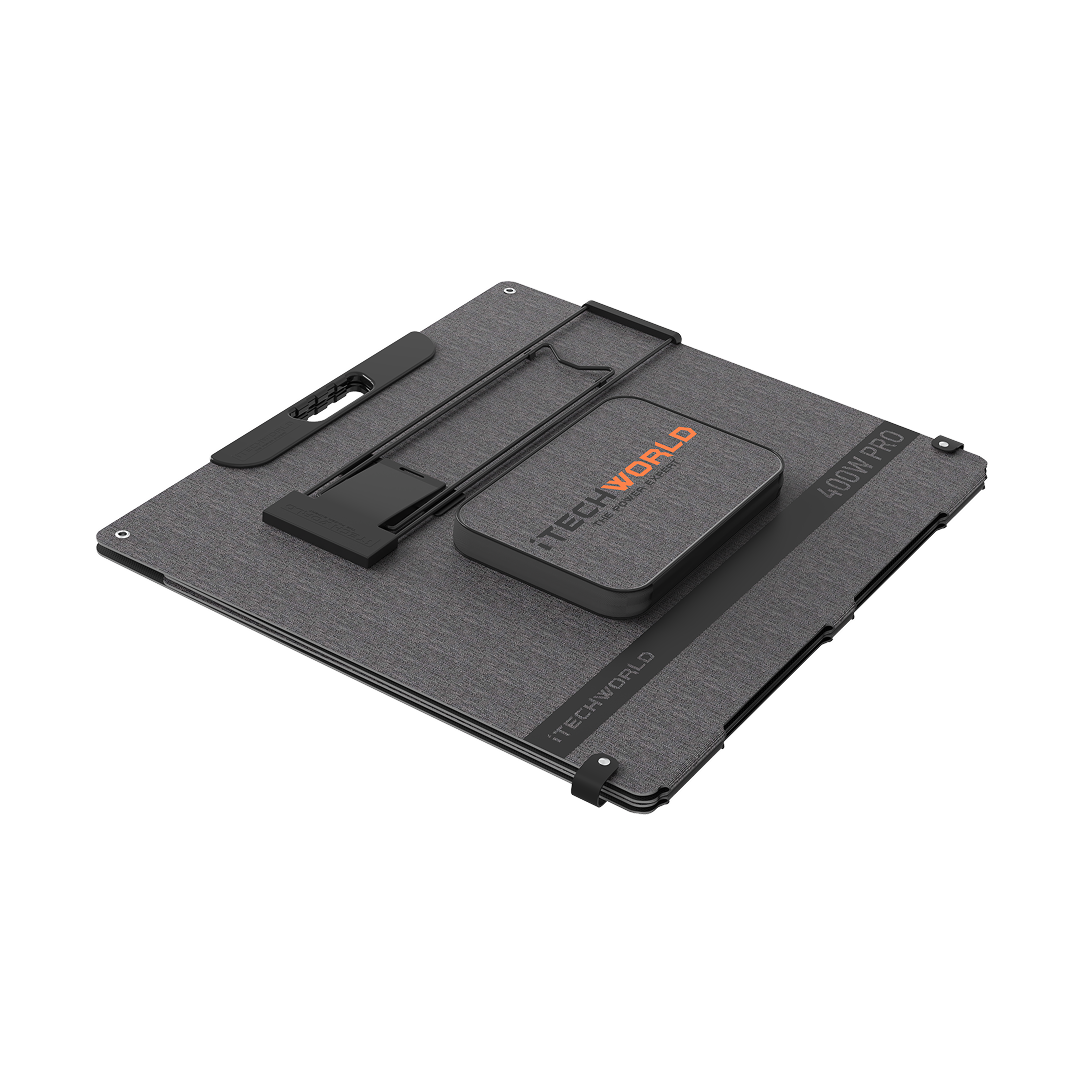The 400W PRO Solar Blanket with Raptor Skin features a gray, textured surface and adjustable black support arms, branded with TECH WORLD in orange and white. It folds flat for portability—ideal for remote work or pairing with solar energy setups.