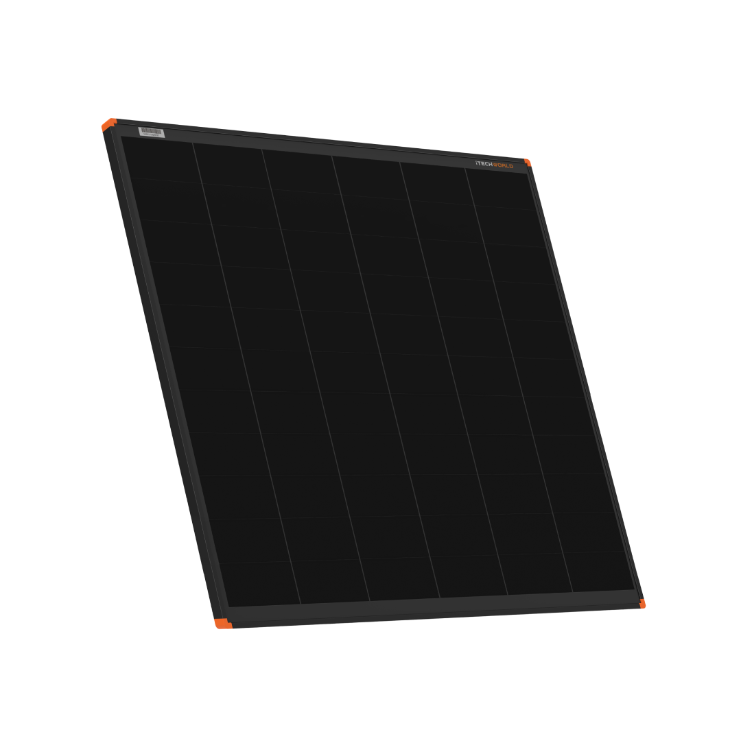 The 250W Short Hard Frame Solar Panel (22V) features a black rectangular design with a grid pattern and orange corner accents, slightly tilted—perfect for caravan solar energy needs, shown on a white background.