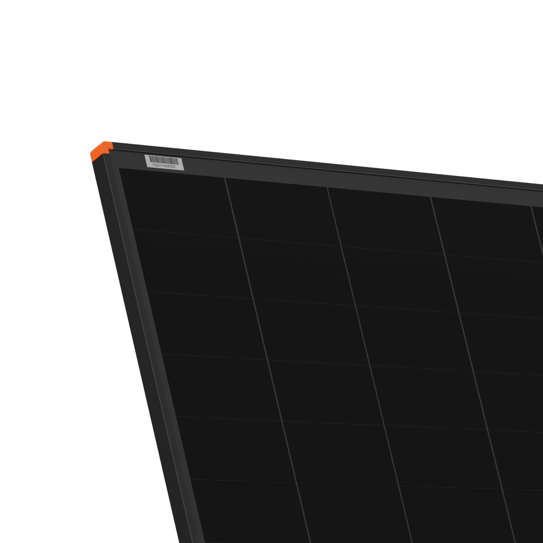 A close-up of the 250W | Short Hard Frame Solar Panel | 22V shows its sleek black design with an orange accent, ideal for caravan setups and featured against a white background.