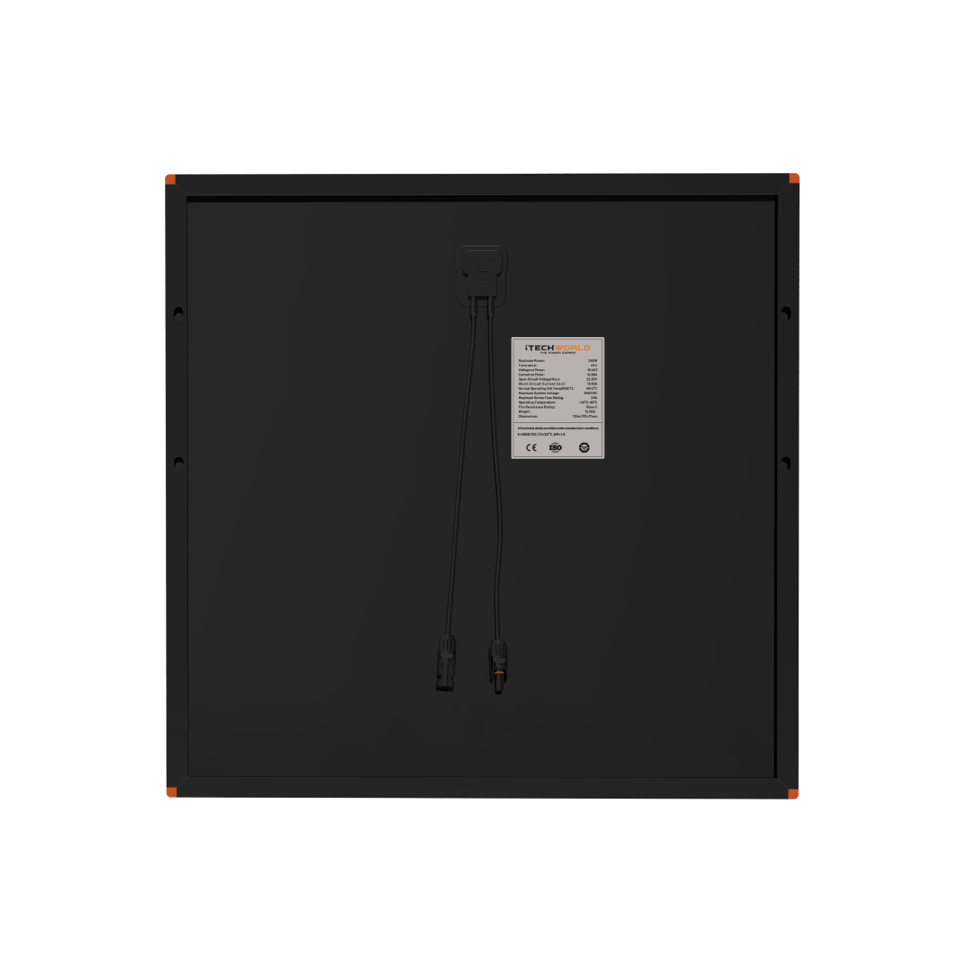 The image shows the back of a 250W | Short Hard Frame Solar Panel | 22V in black, featuring two cables with connectors, a central white specifications label near the top, and small orange accents at all four corners.