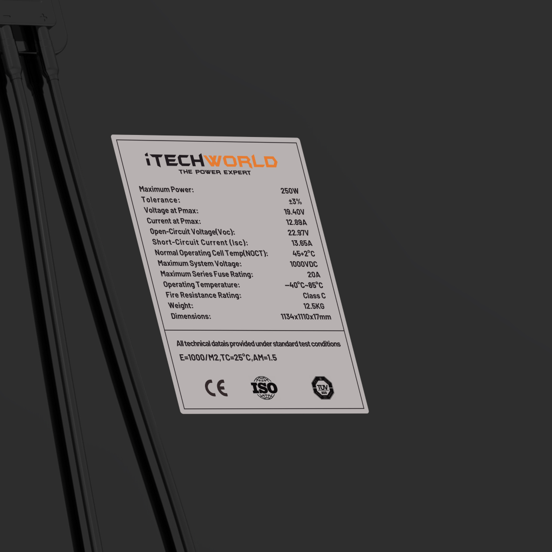 A close-up of the black and white iTechWorld 250W Short Hard Frame Solar Panel (22V) label with orange accents displays specs like max power, voltage, current, and dimensions—ideal for caravan solar panel setups.