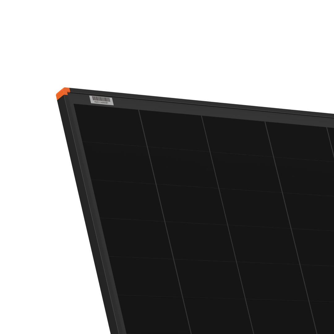 A close-up, angled shot of the 170W | Short Hard Frame Solar Panel | 22V, featuring an orange corner accent and a barcode sticker at the top, shown against a plain white background.