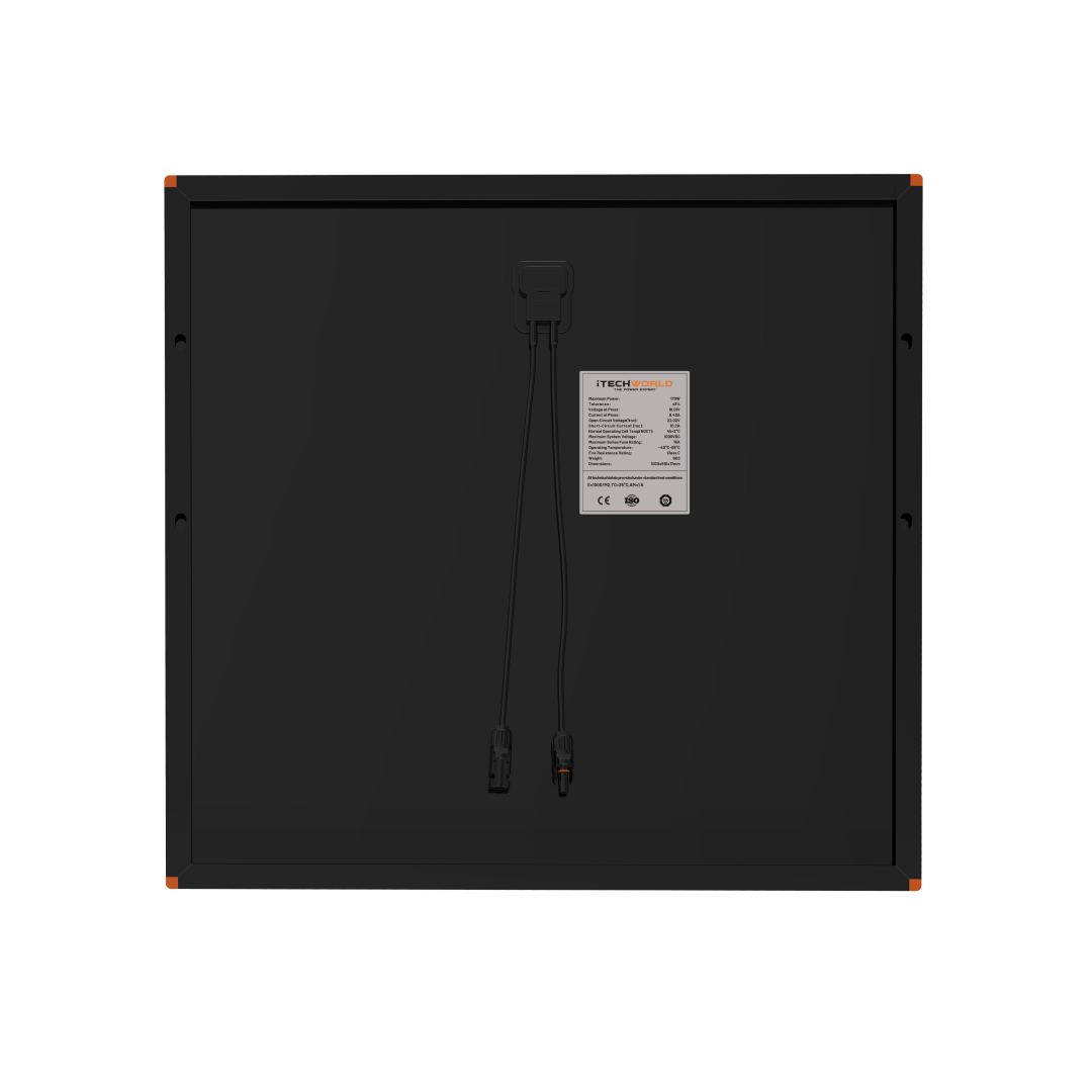 The image shows the back of the 170W | Short Hard Frame Solar Panel | 22V, featuring a central junction box, two cables with connectors, and a specification label below the box. Designed in Australia.