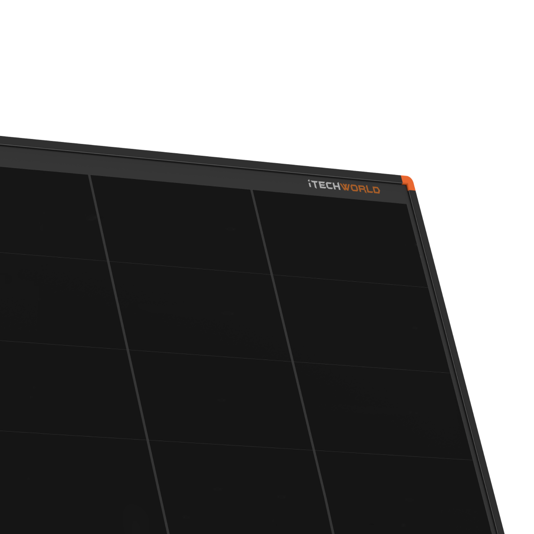 Close-up of the top corner of a 170W | Short Hard Frame Solar Panel | 22V, Australian designed by iTECHWORLD, shown in black with its brand name on the frame against a white background.