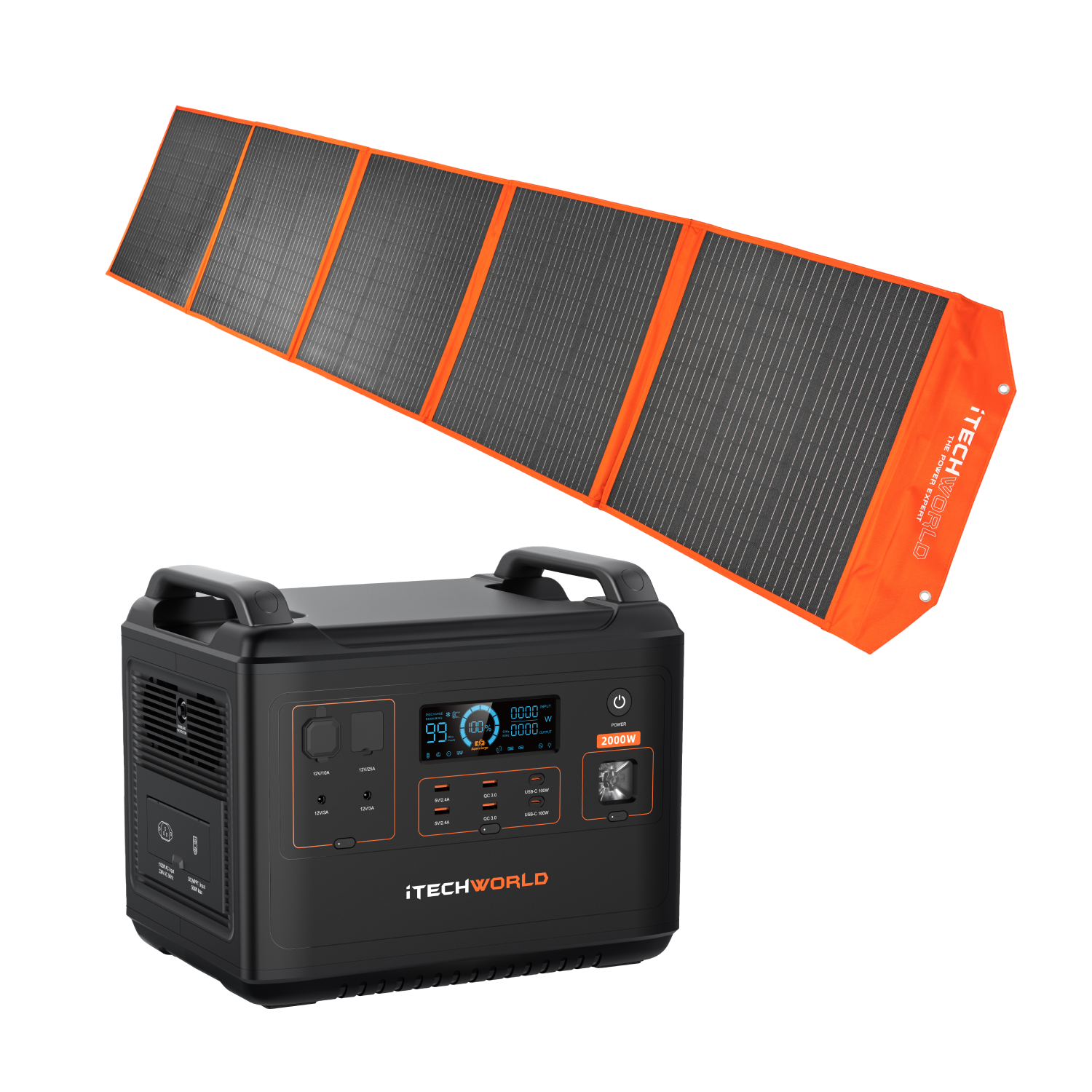 The iTechworld Elite Solar Generator Kit pairs the PS2000 Power Station—featuring a digital display and multiple ports—with a foldable orange and black 300W Solar Blanket for reliable portable power.