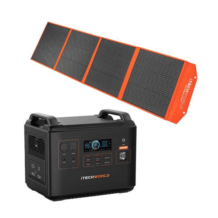 The iTechworld Premium Solar Generator Kit includes a black PS2000 Power Station with digital display and multiple ports, along with a large foldable orange and black 200W Solar Blanket, shown on a white background.