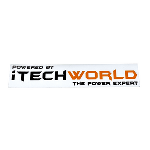 The iTechworld Small Sticker is a white, rectangular vinyl decal with UV resistance, featuring black and orange Powered by iTechworld The Power Expert text.