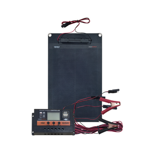 The iTechworld Solar Panel Trickle Charger 15W includes attached cables, a 12V/24V solar charge controller, and alligator clips—compactly arranged on white, perfect for on-the-go battery maintenance.