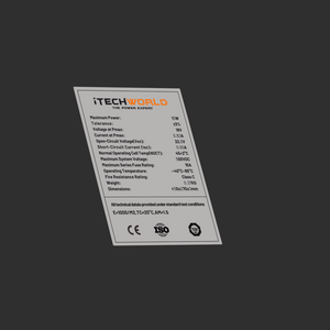 A label for the iTechworld Solar Panel Trickle Charger 15W displays specs like max power, voltage, current, certifications, and operating temperature range on a gray background.