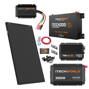The Ultimate | 4WD Kit | with iTECH200SS includes a foldable solar panel, slim lithium battery, inverter, charger, cables, fuses, connectors, and mounting hardware—all by iTECHWORLD.