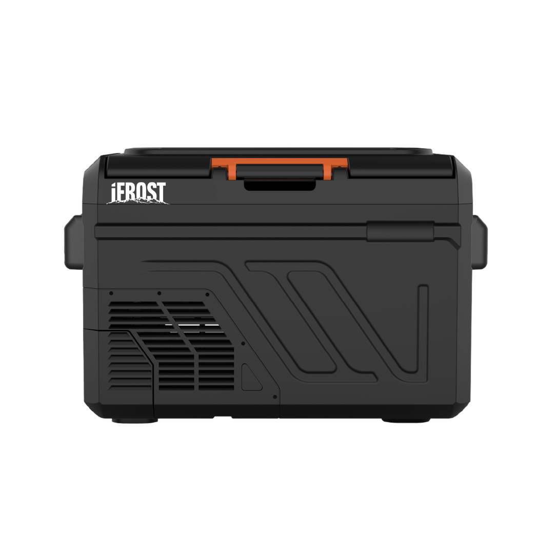 A black iTechworld iFROST 40L portable fridge freezer with a textured design, side handles, and an orange latch. Features single zone cooling and an efficient LG compressor. iFROST branding appears on the top left corner, shown against a white background.