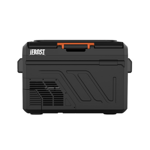 A black iTechworld iFROST 40L portable fridge freezer with a textured design, side handles, and an orange latch. Features single zone cooling and an efficient LG compressor. iFROST branding appears on the top left corner, shown against a white background.