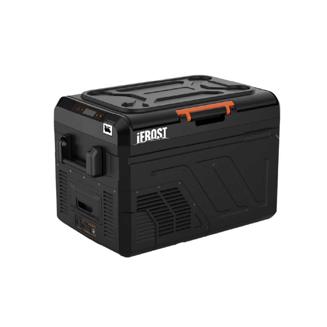 The iTechworld iFROST Fridge Freezer 40L is a black, single-zone portable unit with a flat lid, control panel, orange handle accents, and efficient LG compressor. The FROST logo is on the side. Pictured on a white background.