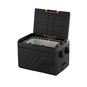 The iTechworld iFROST 40L is a black single-zone portable fridge freezer with an open lid revealing an empty wire basket. It features an efficient LG compressor, side control panel, and handle for convenience.