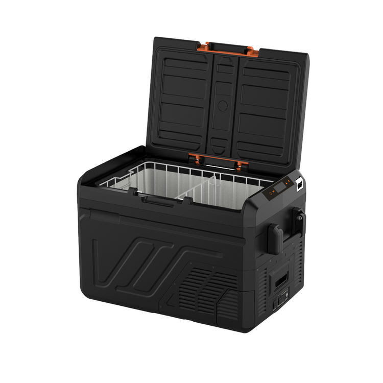 The iTechworld iFROST 40L is a black single-zone portable fridge freezer with an open lid revealing an empty wire basket. It features an efficient LG compressor, side control panel, and handle for convenience.