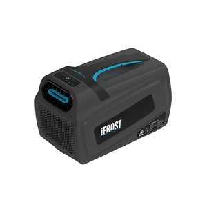 A black iTechworld iFROST Portable Air Conditioner (1000W/3412BTU) with a digital display, vent, and blue accents, designed for camping or caravan cooling, is shown on a white background.