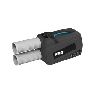 The iTechworld iFROST Portable Air Conditioner (1000W/3412BTU) is a compact, black unit with dual white exhaust hoses and a digital control panel—ideal for camping or efficient caravan cooling.