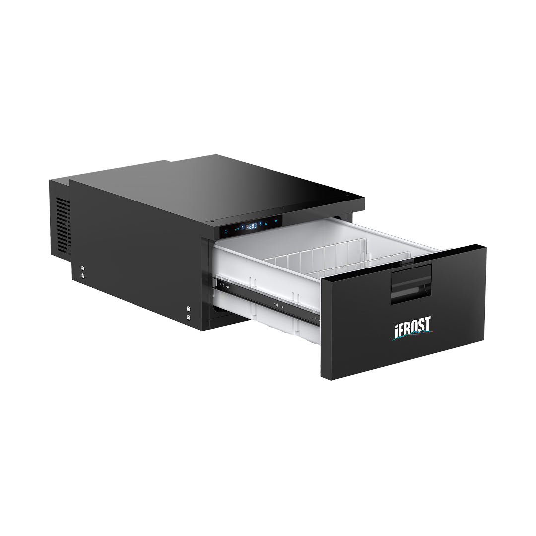 A black iTechworld iFROST Drawer Fridge Freezer (31L) with a digital display and open drawer shows its white, divided interior. Featuring an LG Compressor, the appliance is pictured on a white background.