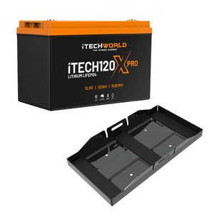 The iTechworld 120Ah Lithium LiFePO4 Bluetooth PRO Battery Bundle with black battery tray offers reliable off-grid power, featuring a secure tray with raised edges.