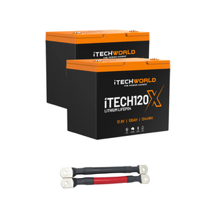 Two iTechworld 210Ah Lithium LiFePO4 Bluetooth Batteries (2×105Ah Deep Cycle) are placed together, with included red and black parallel linking cables—perfect for any off-grid solar system setup.