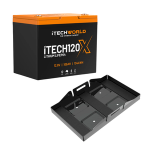 The iTechworld 105Ah Lithium LiFePO4 Bluetooth Battery Bundle with black metal tray is shown—ideal for off-grid power solutions.