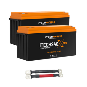 Two iTechworld 480Ah Lithium LiFePO4 Bluetooth PRO Batteries (2×240Ah) with parallel linking cables offer reliable deep cycle power—ideal for off-grid solar setups seeking high-capacity, long-lasting energy storage.