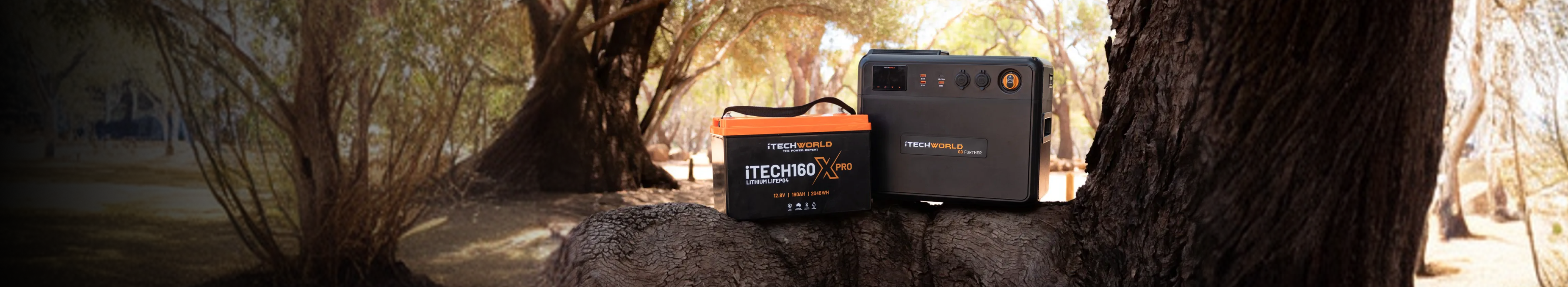 A portable lithium battery and a power station from iTechworld are placed on a tree stump outdoors, with trees and sunlight in the background.