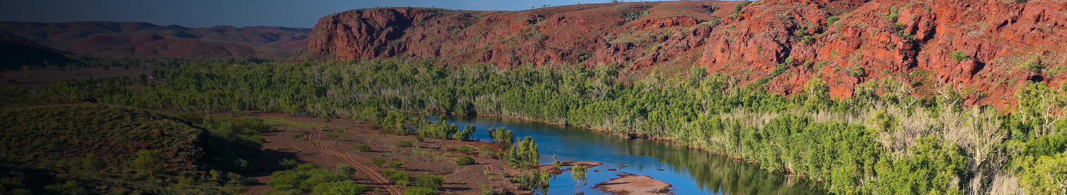 A river curves through a green valley, bordered by steep, rugged red cliffs under a clear sky, with dense trees lining the water’s edge.