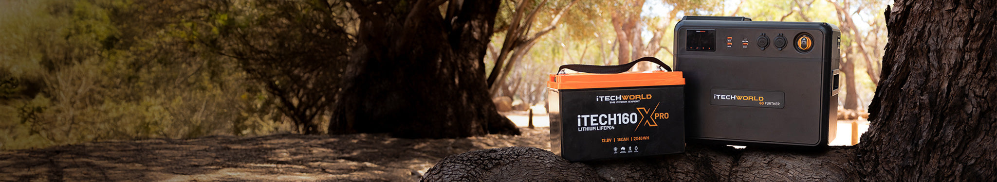 A portable lithium battery and a power station from iTechworld are placed on a tree stump outdoors, with trees and sunlight in the background.