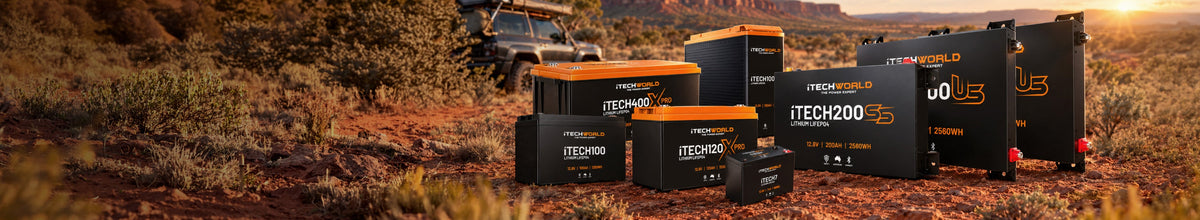 A collection of various iTECHWORLD lithium batteries displayed on a desert landscape with an off-road vehicle in the background.