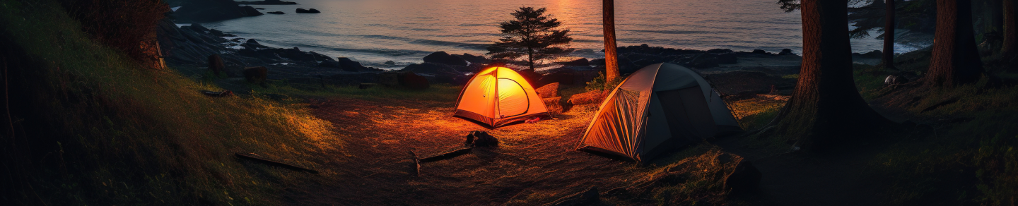 Two tents set up in a forest clearing near a rocky shore at sunset, with one tent glowing from within and the ocean visible in the background.