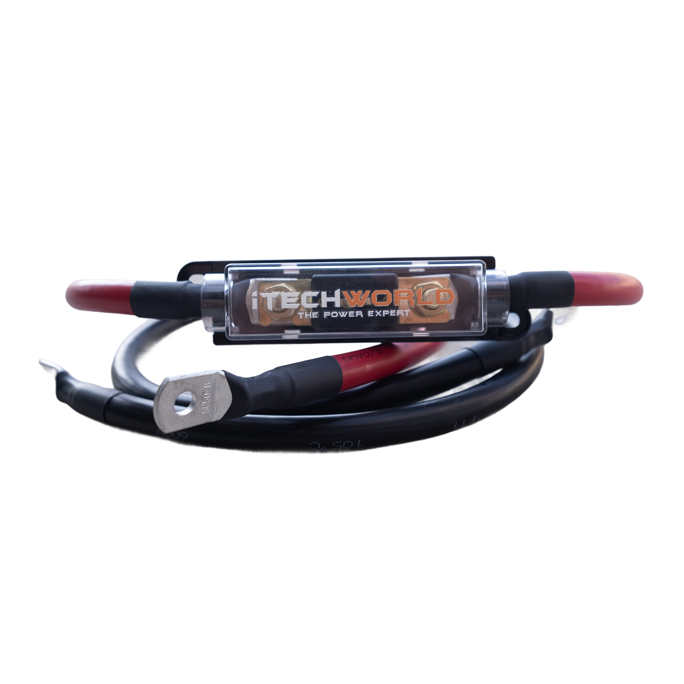 The iTechworld 0AWG inverter cable with a transparent inline 175A fuse holder and metal ring terminals is perfect for securely connecting batteries to a 1000W inverter.