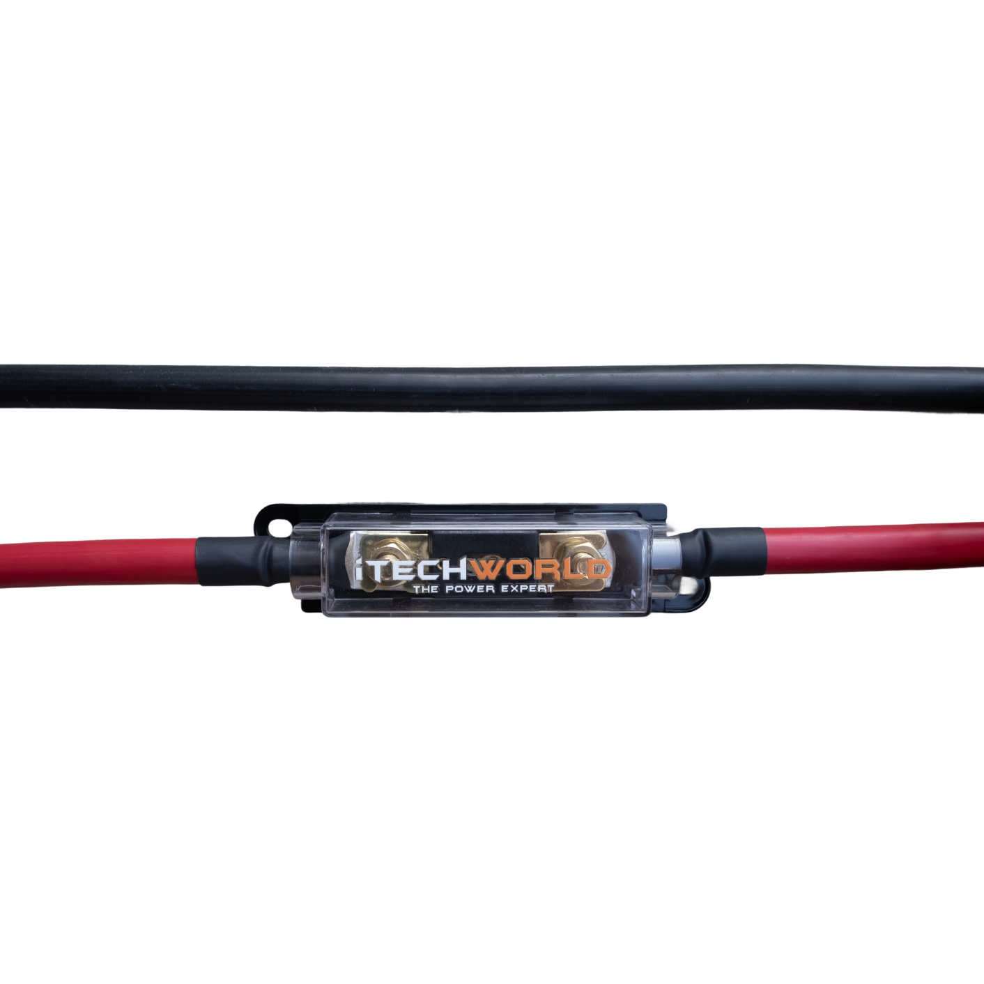A black and a red 0AWG inverter cable with a 175A fuse are joined in a clear inline holder labeled iTechworld, ideal for a 1000W inverter setup.