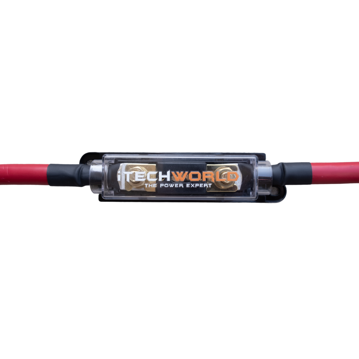 A close-up of an iTechworld 0AWG Inverter Cable with a 175A fuse and red power cables attached. The clear-cased holder features gold connectors and is labeled "iTechworld The Power Expert" for secure battery connection.