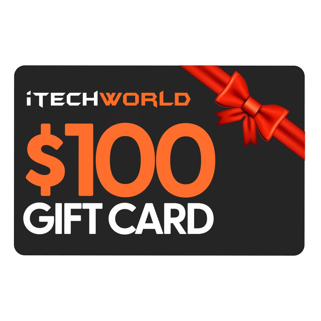 A black iTechworld 🎁 Gift Card (100% off) with orange $100 and "GIFT CARD" text, plus a red ribbon bow in the top right—ideal as a Free Gift or for BOGO Bundles on any special occasion.