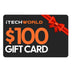 A black iTechworld 🎁 Gift Card (100% off) with orange $100 and "GIFT CARD" text, plus a red ribbon bow in the top right—ideal as a Free Gift or for BOGO Bundles on any special occasion.