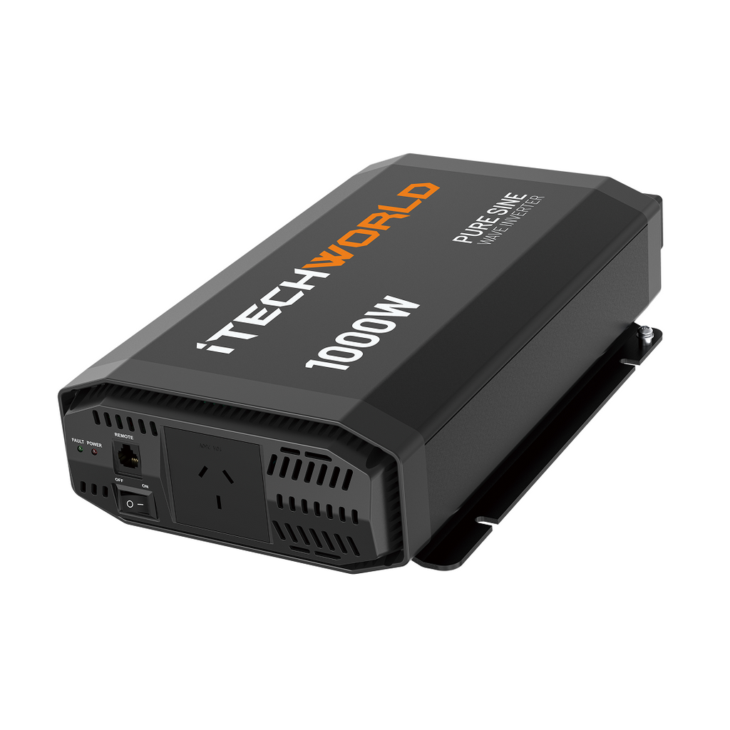 The iTechworld 1000W Pure Sine Wave Inverter (12V to 240V) in black is angled to display its power socket, USB port, and ventilation grilles against a white background—ideal for reliable off-grid power.