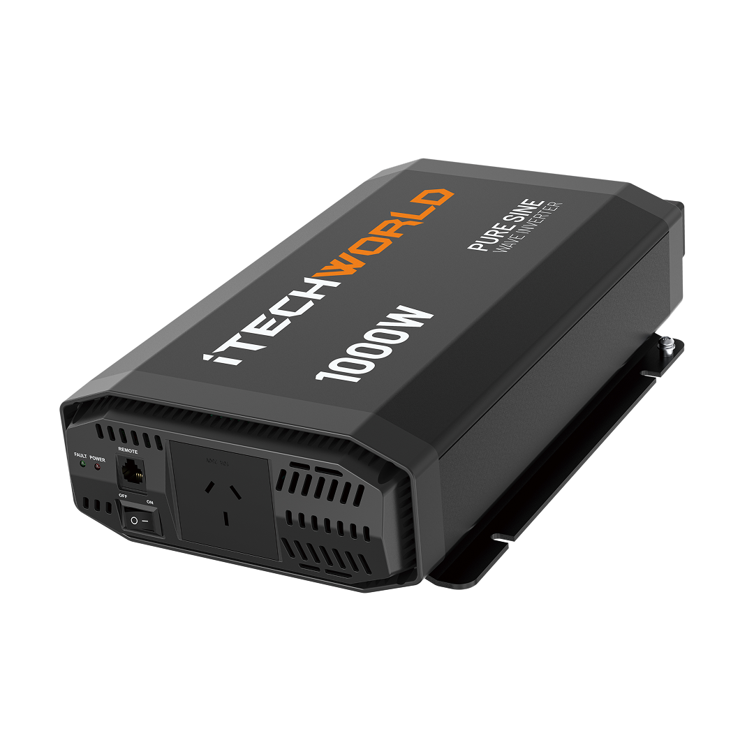 The iTechworld 1000W Pure Sine Wave Inverter (12V to 240V) in black is angled to display its power socket, USB port, and ventilation grilles against a white background—ideal for reliable off-grid power.
