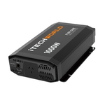 The iTechworld 1000W Pure Sine Wave Inverter (12V to 240V) in black is angled to display its power socket, USB port, and ventilation grilles against a white background—ideal for reliable off-grid power.
